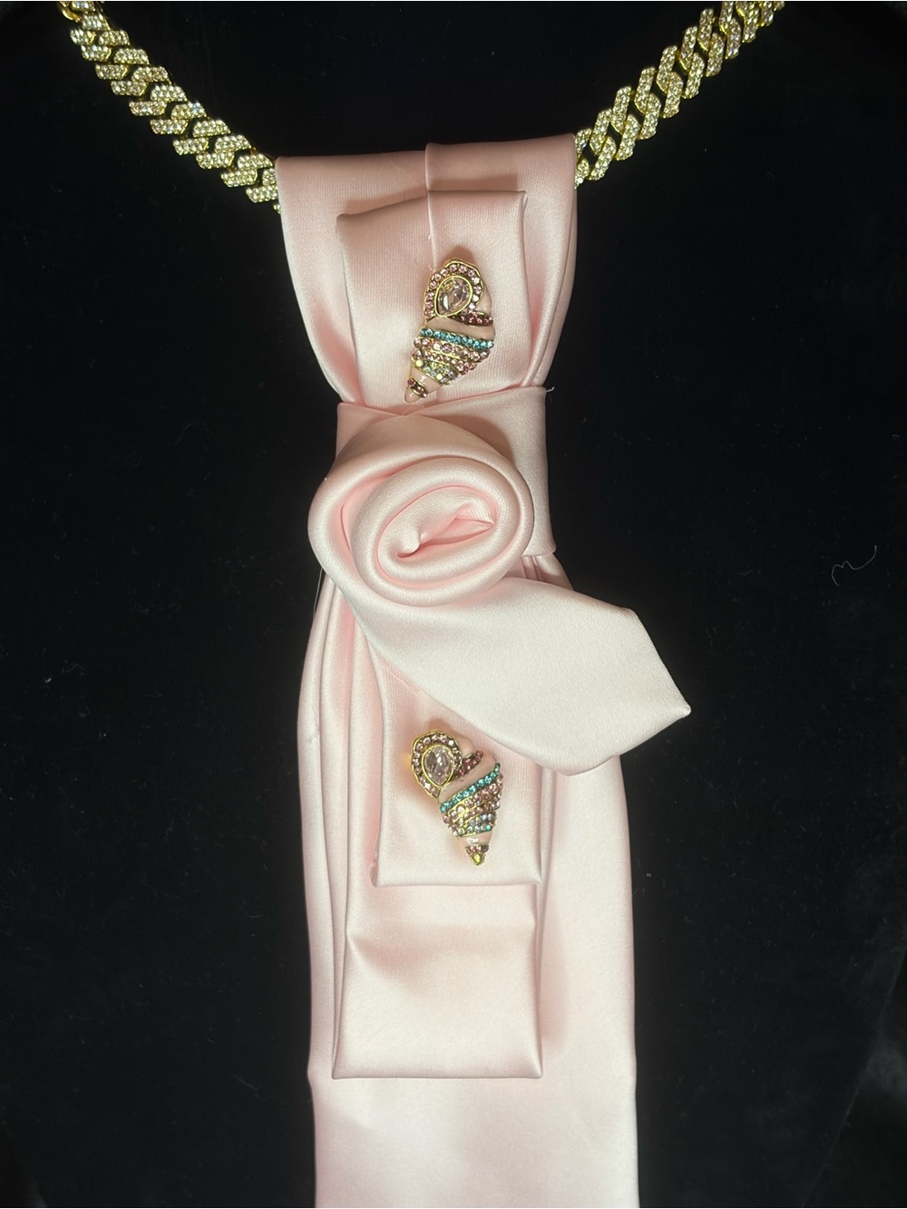 Silky Pink Satin Tie with Gold and Crystal Shell Accents